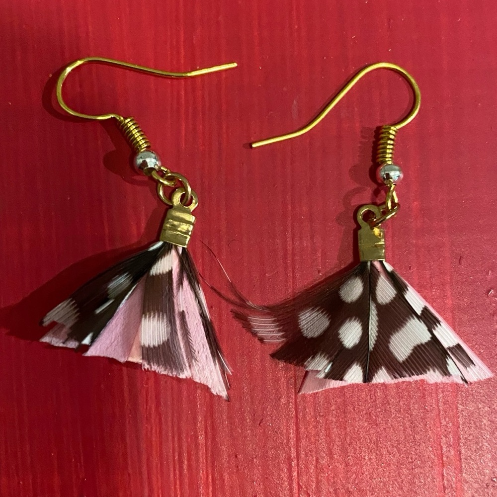 Pink and Brown Feather Earrings